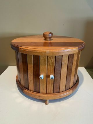 Vintage Mcm Round Table Top Wood Cabinet With Sliding Doors Unique
