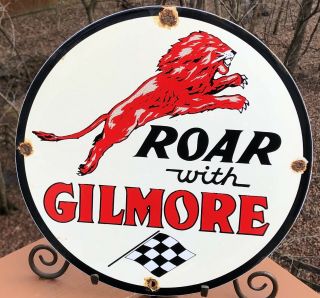 Vintage Roar With Gilmore The Red Lion Porcelain Gasoline Gas Oil Pump Sign