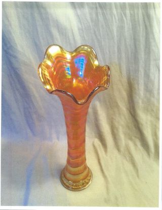 Vintage Imperial Carnival Glass " Ripple " 12 " Vase - Amber With Clear Base - Estate