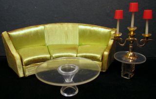 Ideal Petite Princess Mcm Doll Furniture Green Satin Couch Acrylic Table Candle
