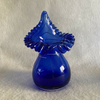 Vintage Fenton Cobalt Jack In The Pulpit Vase Pulled Ruffle White Swirl 7”