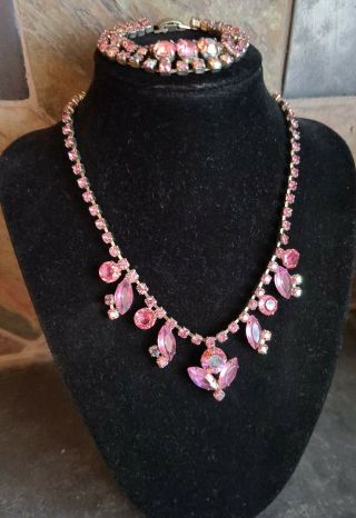 Vintage Retro Pink Aurora Borealis Necklace & Bracelet Set