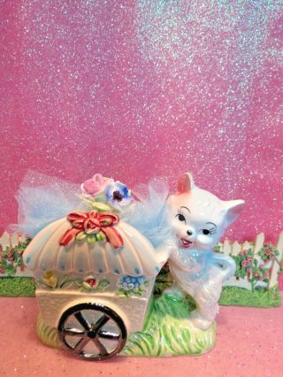 Vtg Anthropomorphic Opalescent Blue Easter Kitty Cat Pushes Flower Cart Wagon