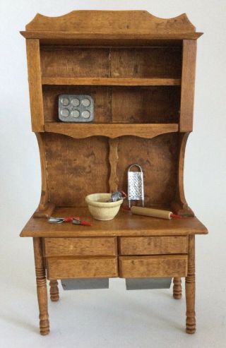 Vtg Dollhouse Miniature Wood Handmade Hoosier Cabinet W/baking Items,  Flour Bins