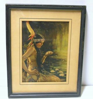 Vintage Native American Indian Maiden Print - In The Heart Of The Lily - Hiebel
