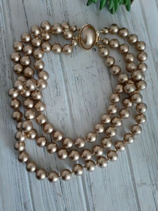 Vtg Carolee Gold - Tone Faux Pearl Glass Bead Beaded Triple Strand Necklace Retro