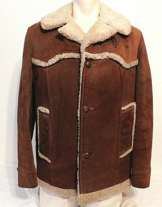 Vtg 60 - 70s Rough Suede Leather Sherpa Wool Lined Work Jacket Coat Men 