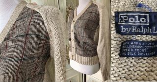 Vtg Polo Ralph Lauren Sweater Cardigan Ecru Linen Cotton Brown Silk Buttons S