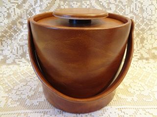 Vintage Elmar Mfg Brown Faux Leather Ice Bucket W/ Lid & Handle - Mcm