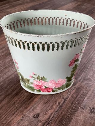 Vtg Hand Painted Flowers Cut Out Metal Trash Can Waste Basket Shabby Cottage