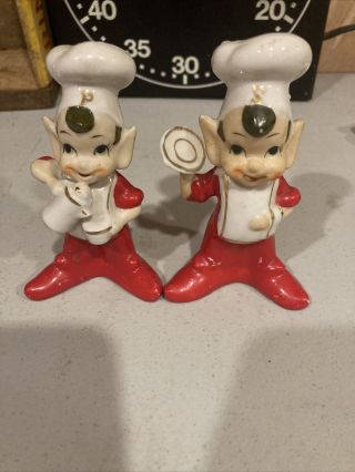Vintage Pixie Elf Chef With Gilded Details Salt And Pepper Shakers Made In Japan