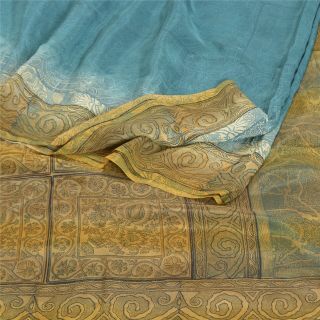 Sanskriti Vintage Blue Sarees 100 Pure Crepe Silk Printed Sari 5yd Craft Fabric