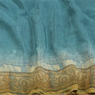 Sanskriti Vintage Blue Sarees 100 Pure Crepe Silk Printed Sari 5Yd Craft Fabric 2