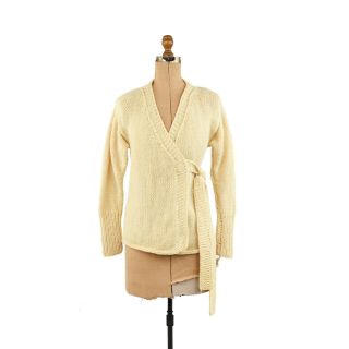 Vintage 70s Cream All Wool Chunky Knit Italy Boho Wrap V Neck Sweater Cardigan