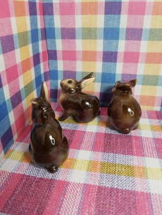 3 Vintage Goebel W Germany Brown Bunny Rabbit Porcelain Figurines Marked 3