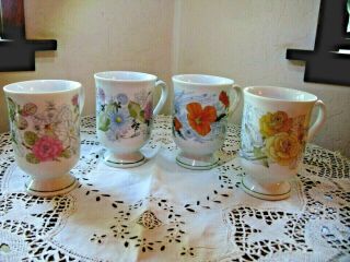 Vintage Collectible Pedestal Porcelain Coffee Tea Cup Mug Set X4 Floral Japan