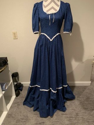 Vintage Handmade Prairie Dress “gunne Sax Like” Blue Floral 1/4 Sleeve Size Sm