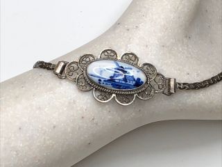 Vintage Delfts Blue & White Windmill Inlay Sterling Silver Bracelet