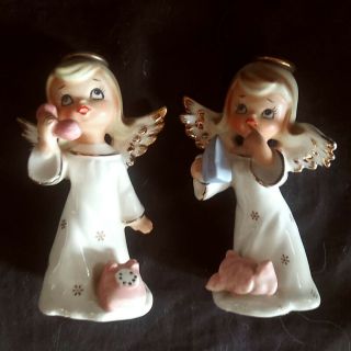 Vtg 2 Napco Angel Figurines One With Telephone Other With Clothes Iron,  Excellen