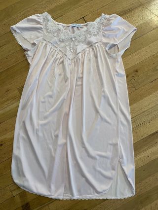 Vintage Miss Elaine Usa Pale Pink Satin Nylon Lace Nightgown House Dress L Xl