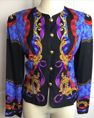 Vintage Maggie London Women’s 100 Silk Black & Blues Jacket And Pant Pant Set 6