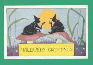 Vintage Whitney Halloween Postcard Witches Talk On Mushrooms Moon Grass