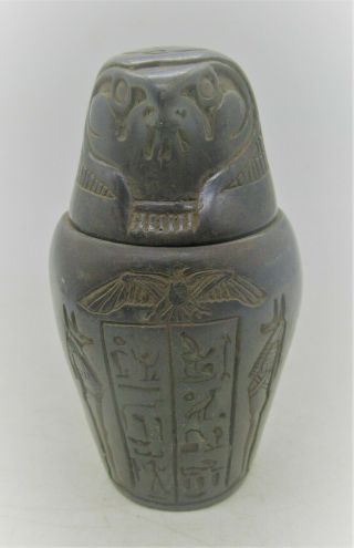 Vintage Egyptian Ceramic Canopic Jar With Horus Head On Top & Heiroglyphics
