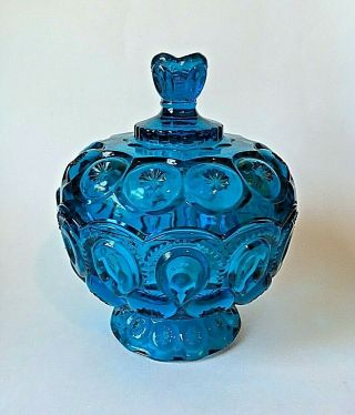 Vtg Le Smith Moon And Stars Covered Bowl Dish Compote Candy 8 " H Aqua Blue