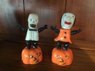 Halloween Skeleton And Witch Push Up Button Puppets Vtg.  Toy Fun World