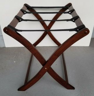 Vintage Hotel Luggage Suitcase Folding Rack Stand,  Wood With Black Straps