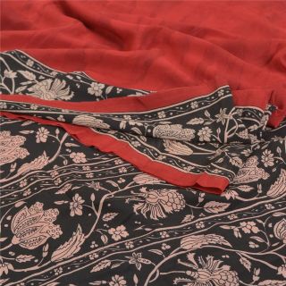 Sanskriti Vintage Red Indian Sarees Pure Crepe Silk Printed Sari Craft Fabric