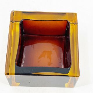Vintage Amber Glass Ashtray Gold Brown Mid Century Modern MCM Geometric Cube 2