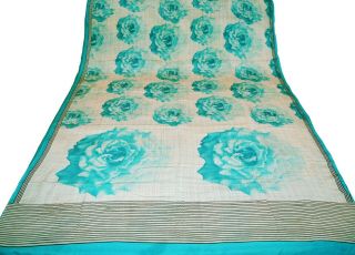 Vintage Cream & Turquoise Saree Pure Crepe Silk Printed Indian Sari Fabric 5yard
