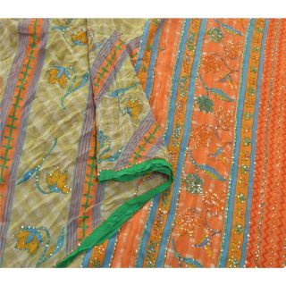 Sanskriti Vintage Green Saree 100 Pure Crepe Silk Hand Beaded Craft Fabric Sari