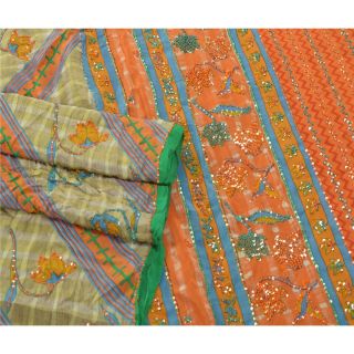 Sanskriti Vintage Green Saree 100 Pure Crepe Silk Hand Beaded Craft Fabric Sari 2