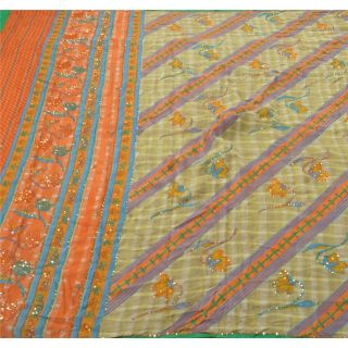 Sanskriti Vintage Green Saree 100 Pure Crepe Silk Hand Beaded Craft Fabric Sari 3