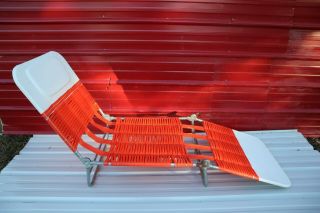 Vintage Folding Aluminum Chaise Lounge Lawn Beach Chair Vinyl Pvc Tubing Orange