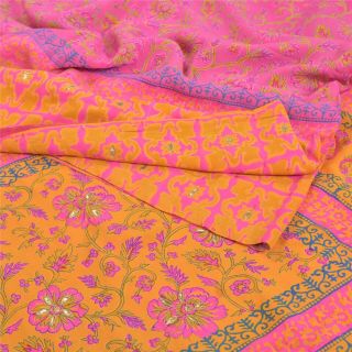Sanskriti Vintage Pink Sarees Pure Crepe Silk Printed Gota Patti Sari 5yd Fabric
