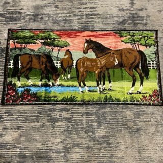 Vintage D.  T.  C.  Rn 22580 Horses Tapestry Carpet Made In Lebanon 39”x20”