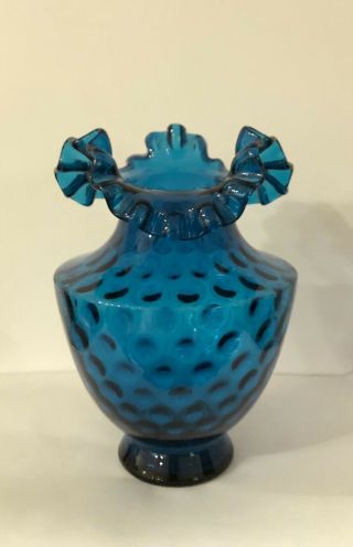 Vintage Fenton Jamestown Blue Coin Dot Ruffled Vase 7”