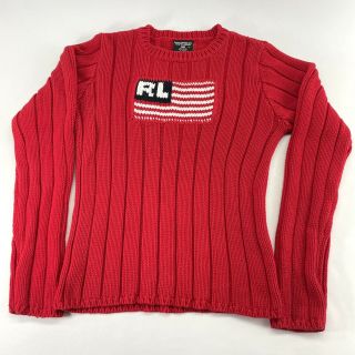 90s Vintage Ralph Lauren Polo Womens Xl Or Large American Flag Hand Knit Sweater