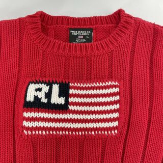 90s Vintage Ralph Lauren Polo Womens XL or Large American Flag Hand Knit Sweater 3