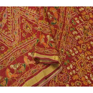 Sanskriti Vintage Red Indian Sari Blend Silk Hand Beaded Woven Fabric Sarees