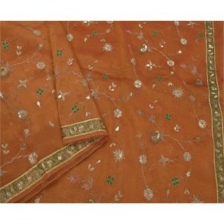 Sanskriti Vintage Brown Sarees Tissue 5 Yd Fabric Hand Beaded Craft Premium Sari