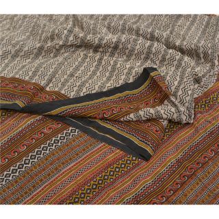 Sanskriti Vintage Cream Sarees Pure Crepe Silk Printed Sari Decor Craft Fabric
