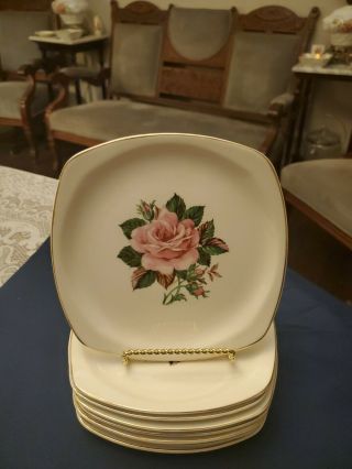 8 Vintage Paden City Pottery American Rose 22 K Gold Trim Square Salad Plates