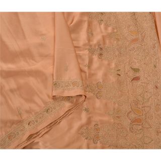 Sanskriti Vintage Peach Saree Art Silk Hand Embroidery Craft Fabric Premium Sari