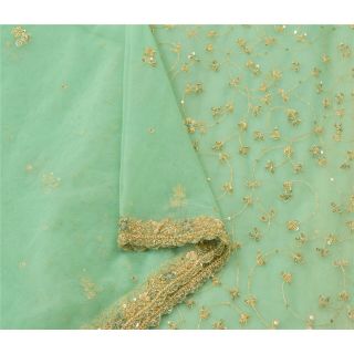 Sanskriti Vintage Green Saree Net Mesh Hand Beaded Craft Fabric Premium Sari
