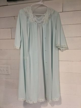 Vtg Shadowline Nightgown Peignoir Set Embroidered Lace Nylon Light Blue Med.