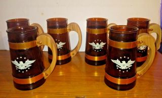 Vintage Siesta Ware Colonial Tankard Set Of 6 Mugs W Wood Handles American Eagle